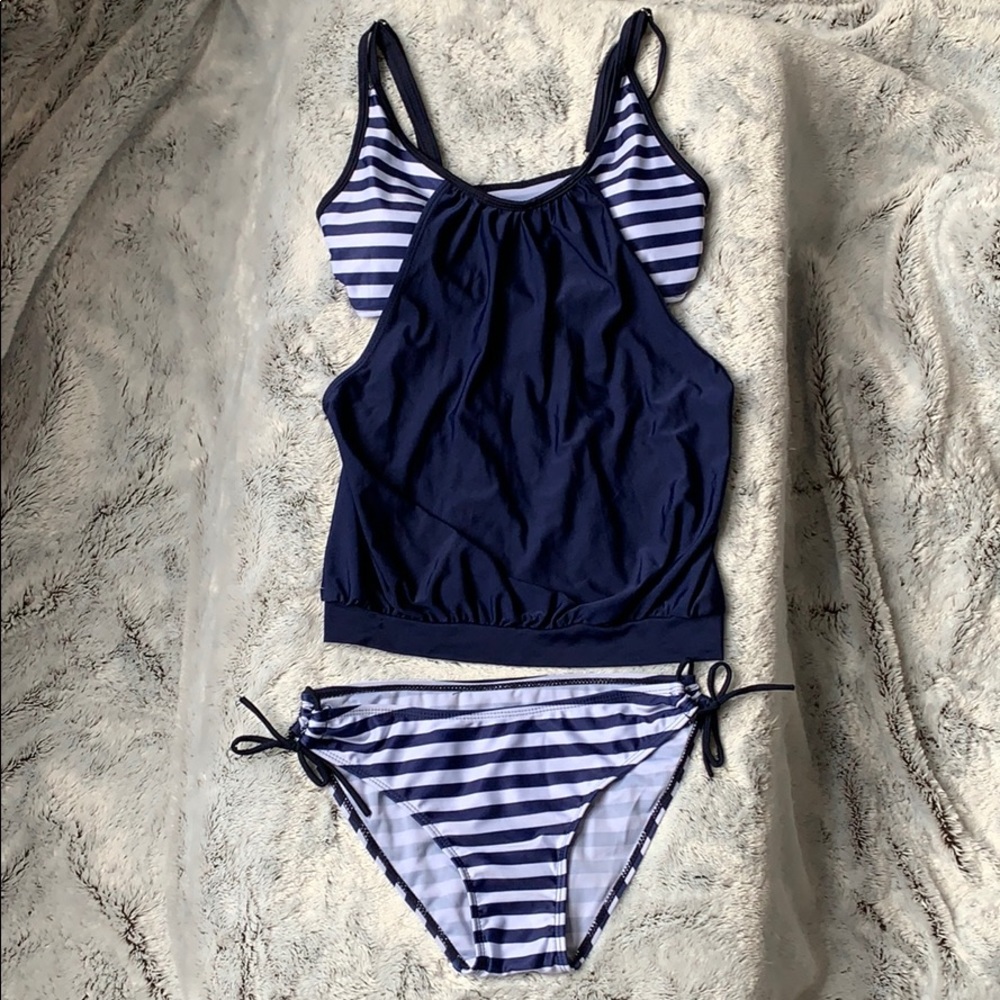 Navy Blue & White Striped Tankini